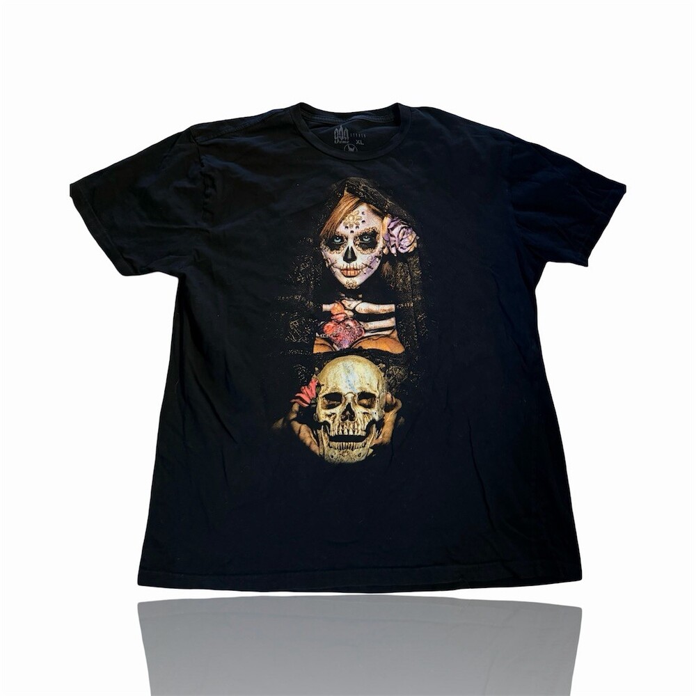 Day of the Dead Sugar Skull Girl Graphic T-Shirt Mens XL Black Crew